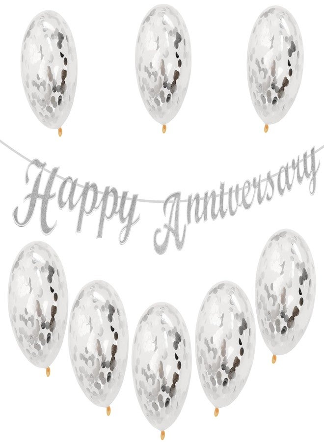 Flyloons Silver Happy Anniversary Banner with Confetti Balloons Decoration Kit for Men Women 8 Pcs Silver Colour Confetti Meatallic Balloons Reusable Happy Wedding Anniversary Banner - Image 1